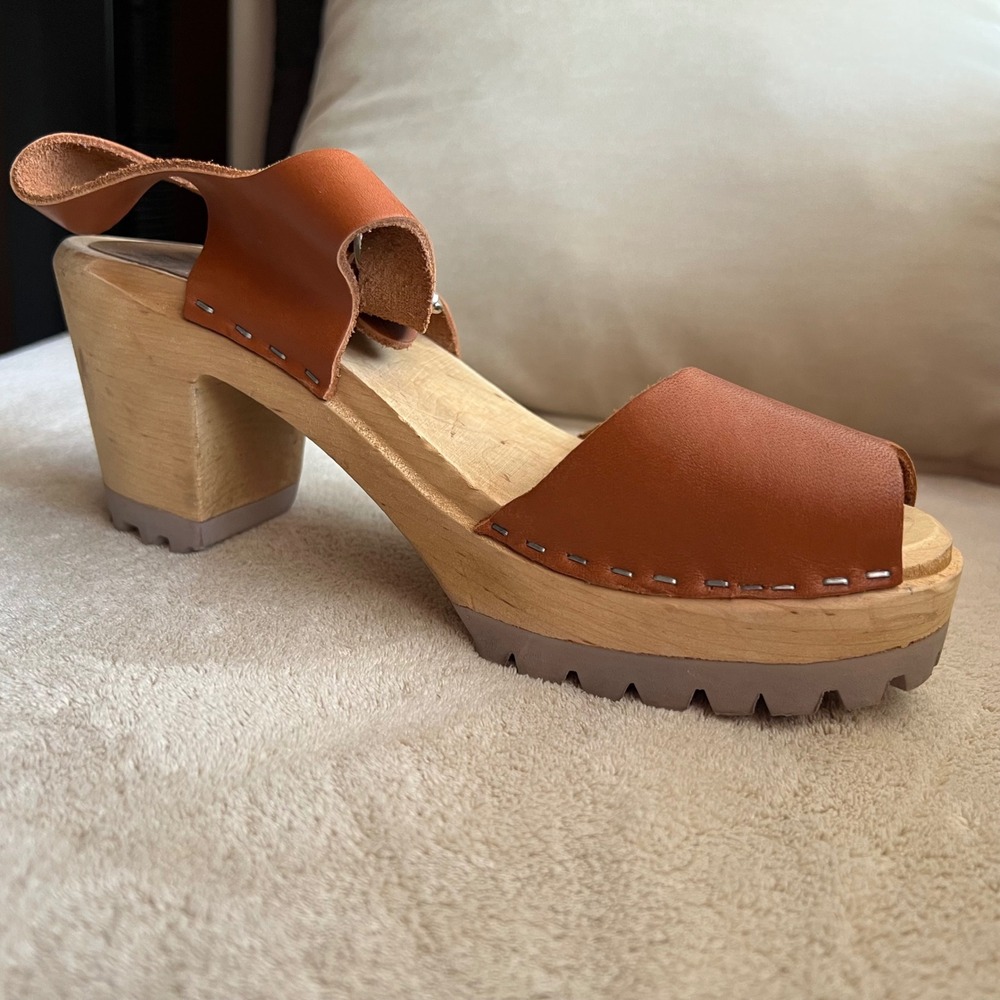 MIA Anja Women 7.5-8 EU 38 Tan Leather Clog Sandals Wooden Platform Ankle Strap - Picture 3 of 16